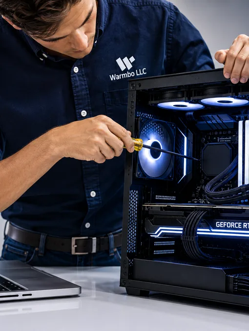 Warmbo technician repairing a gaming desktop PC